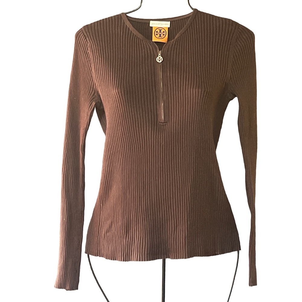 Tory Burch Brown Ribbed Long Sleeve Top